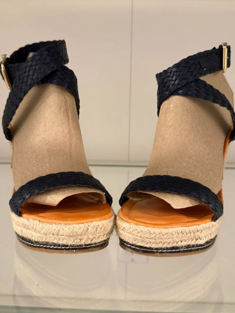 Steve Madden Navy Braided Leather Espadrille Wedge Sandals